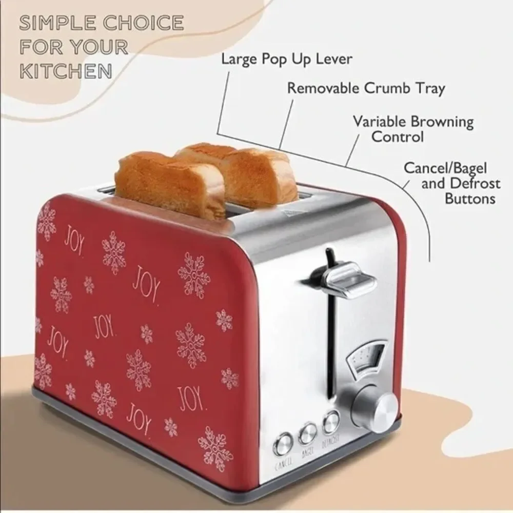 NWT New in Box Rae Dunn Joy Red Silver White 2 Slice Toaster Beauty & Functional